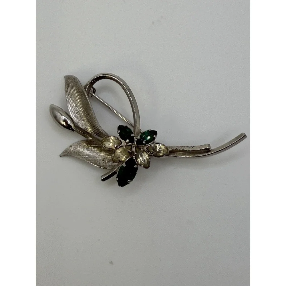 Vintage STAR ART Sterling Silver Flower Spray Brooch Pin Green Rhinestone 1950s